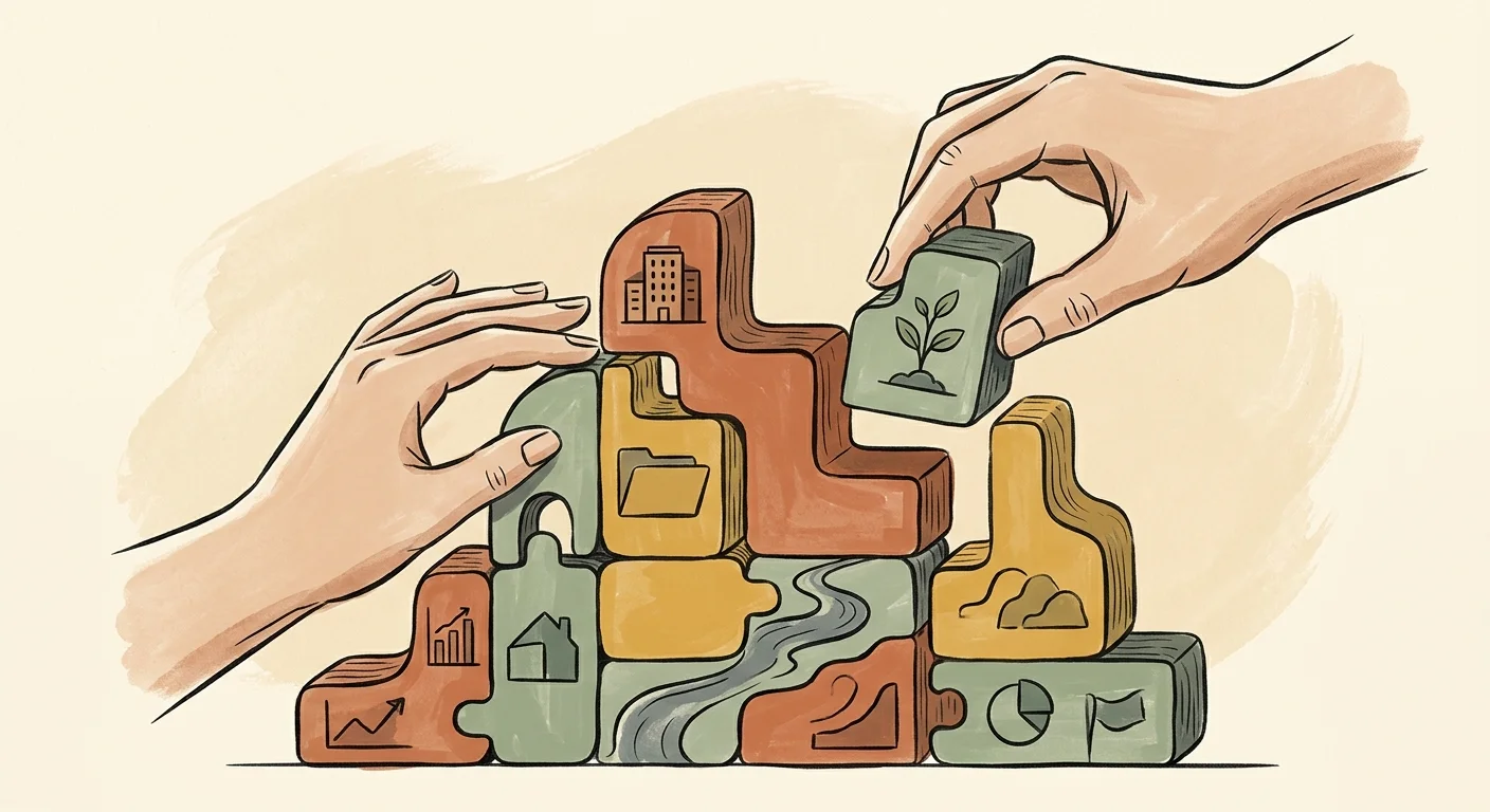 An elegant ink and gouache illustration of hands carefully arranging puzzle pieces, symbolizing strategic retirement income management.