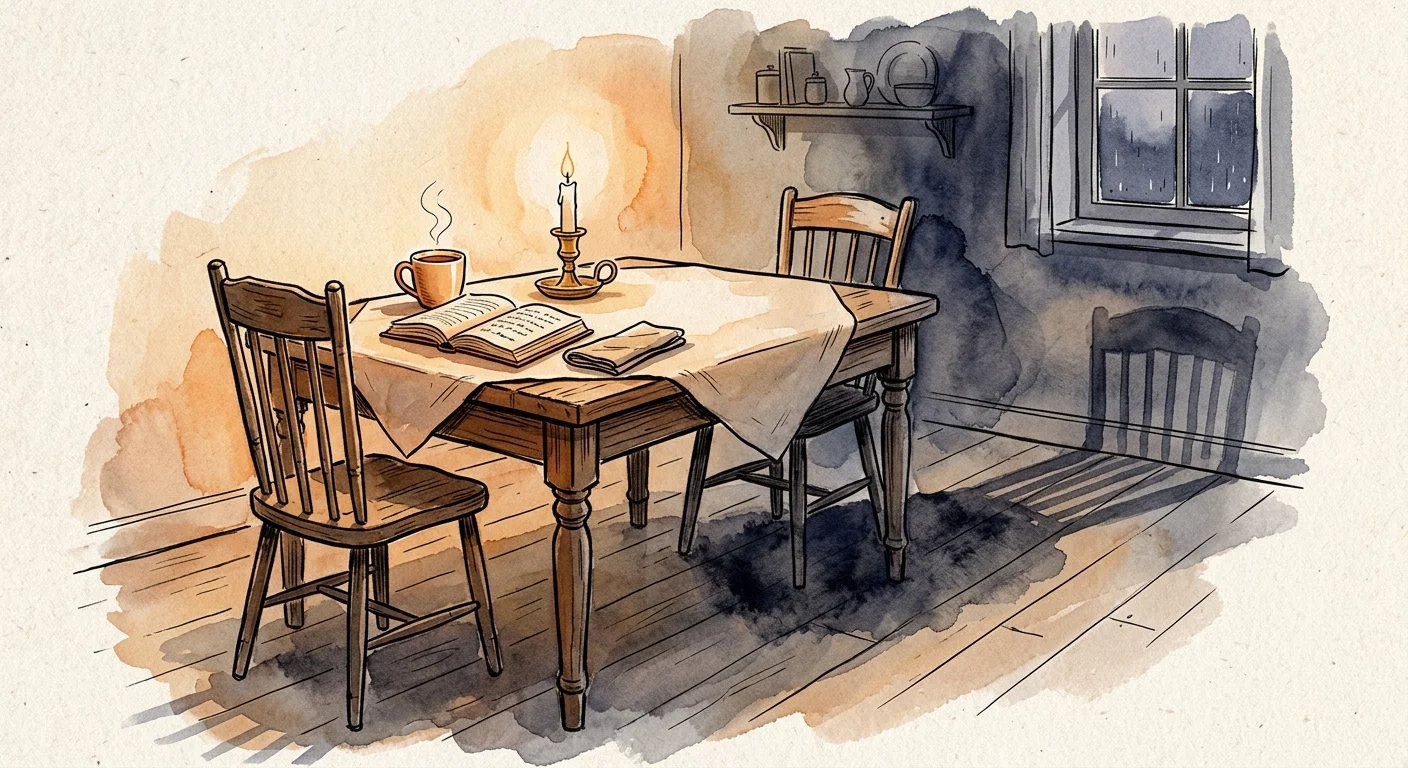 An elegant, minimalist watercolor illustration of a dining table set for two, with one side empty and casting a quiet shadow.
