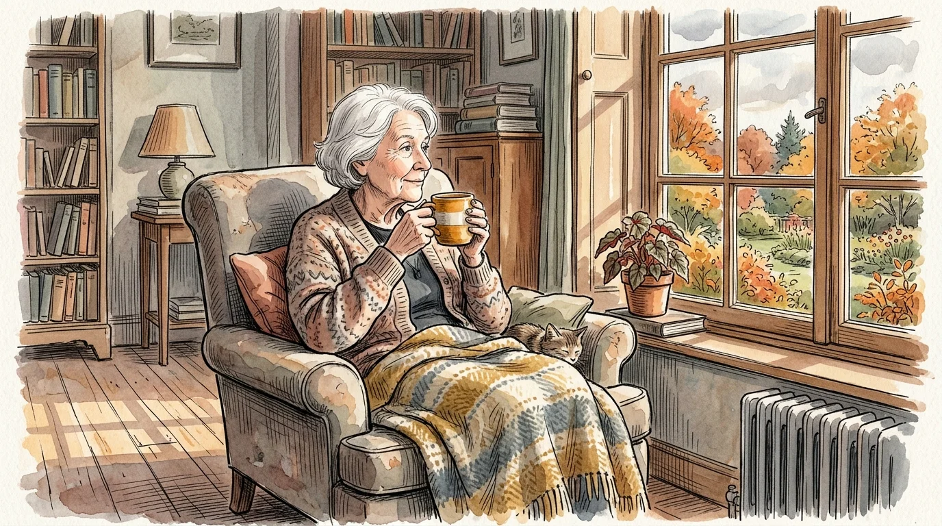 An expressive watercolor illustration of an elderly woman looking out a window thoughtfully with a warm drink.