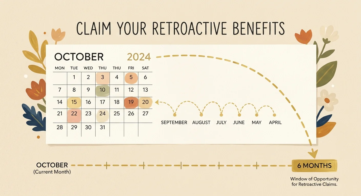 An illustration of a calendar page with a golden arrow pointing backward six months to represent retroactive benefits.