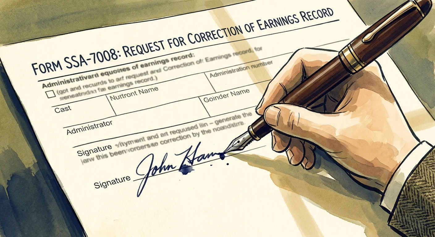 An illustration of a fountain pen signing the official Form SSA-7008 for correcting earnings records.