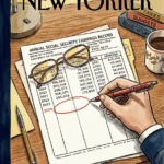An illustration of a hand using a red pen to circle a blank spot on a Social Security statement on a wooden desk.