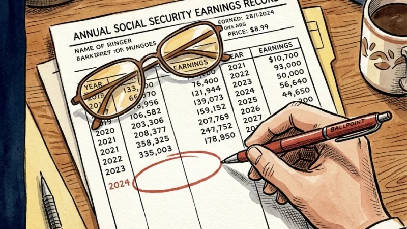 An illustration of a hand using a red pen to circle a blank spot on a Social Security statement on a wooden desk.