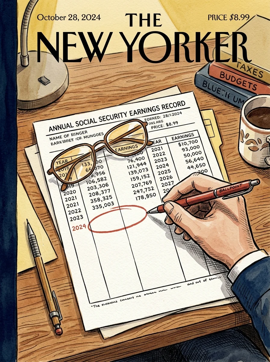 An illustration of a hand using a red pen to circle a blank spot on a Social Security statement on a wooden desk.