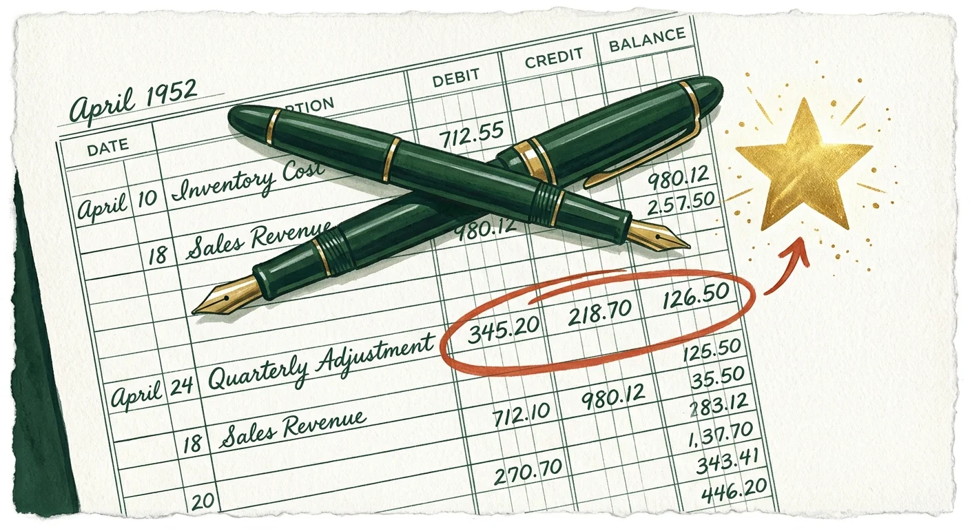 An illustration of a ledger sheet with a corrected calculation circled in red and a golden star.