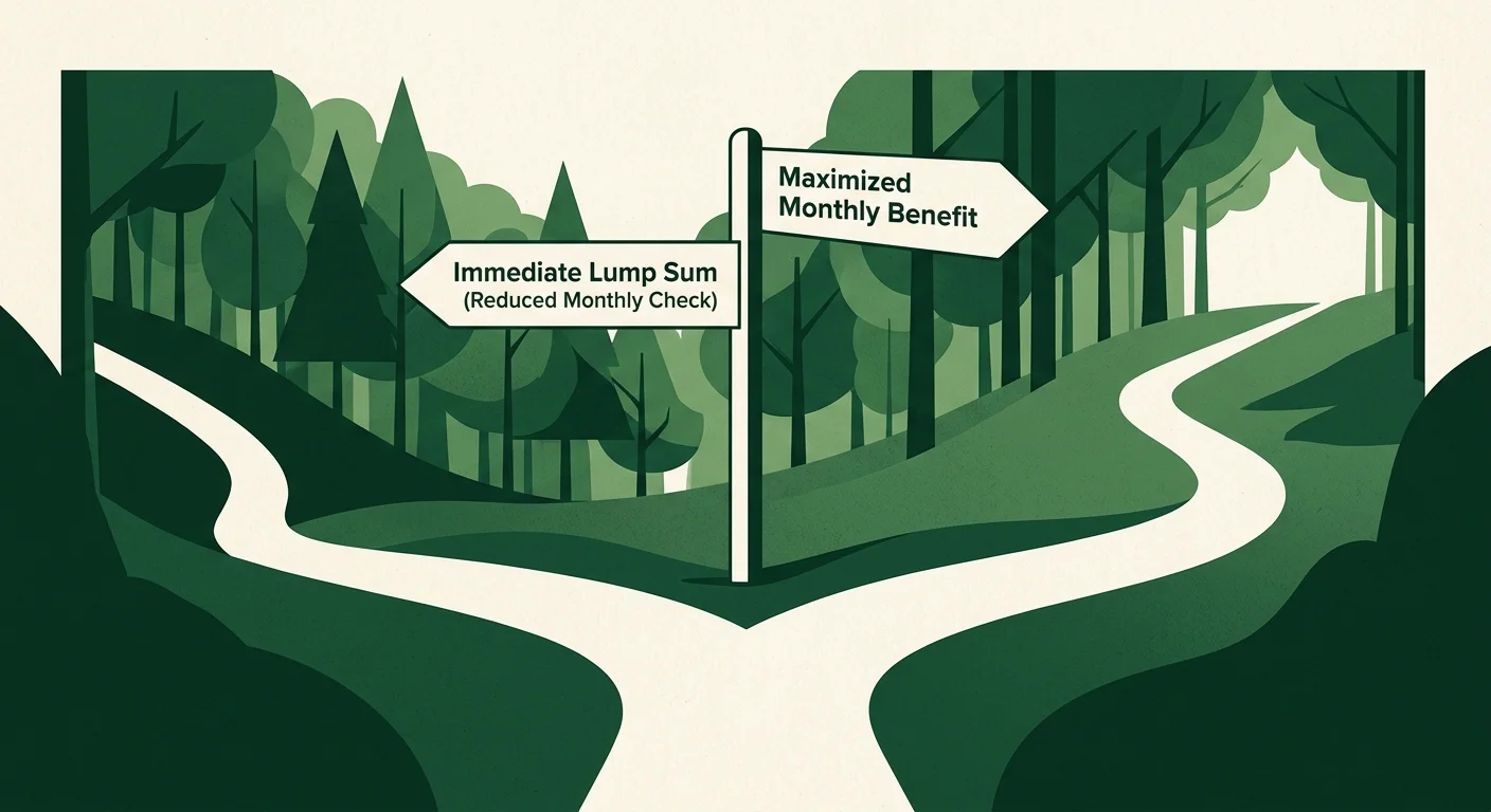 An illustration of a path dividing into two options, representing the trade-offs of choosing an immediate lump sum.