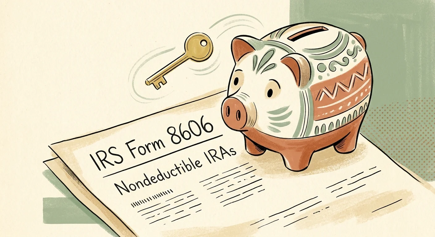 An illustration of a piggy bank resting on IRS Form 8606, symbolizing tax-free retirement distributions.