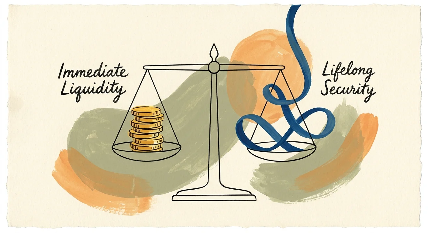 An illustration of a scale balancing a stack of golden coins with a flowing ribbon of lifelong security.
