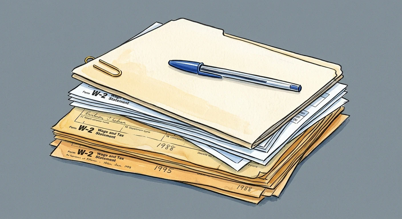 An illustration of a stack of tax documents, W-2 forms, and pay stubs secured with a brass paperclip.