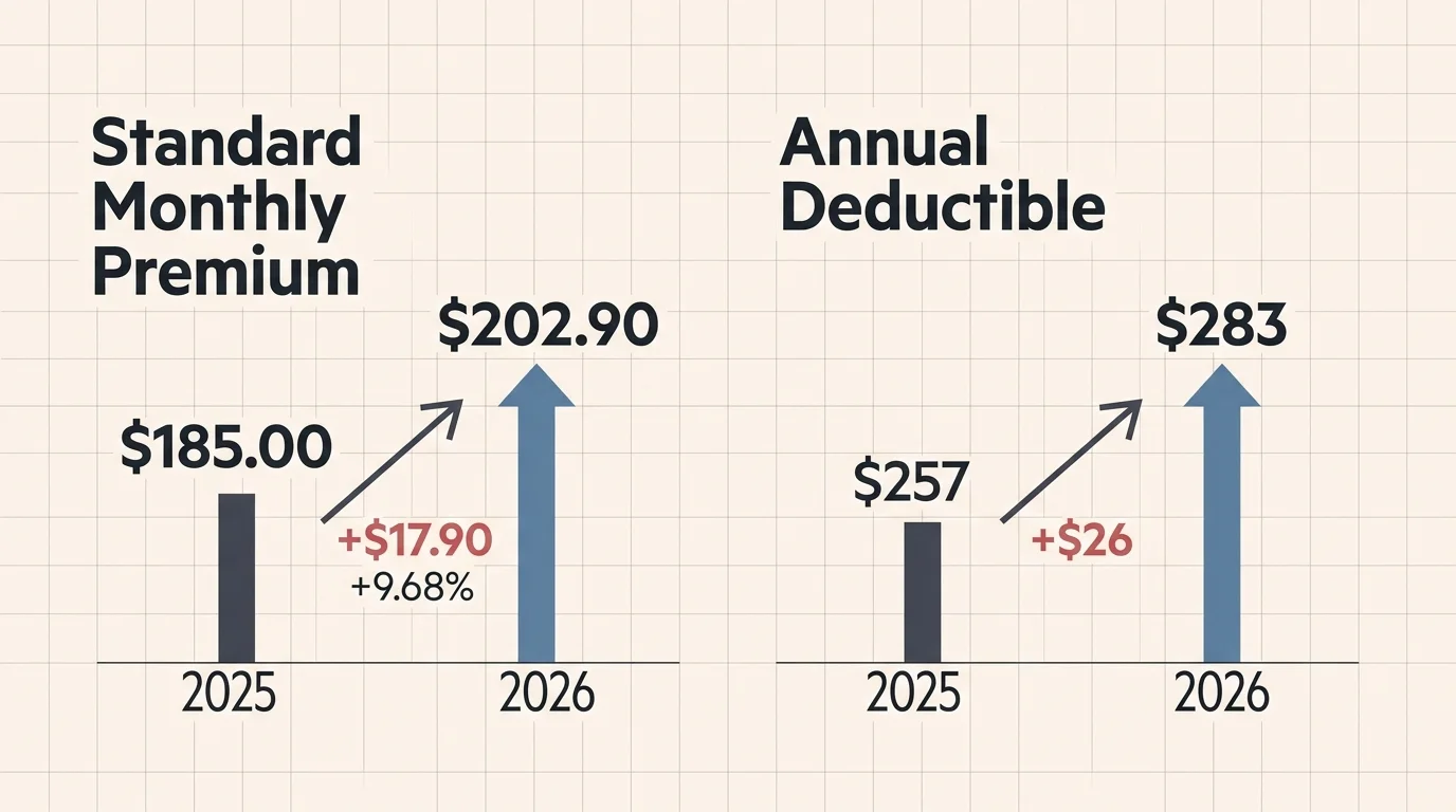 An infographic comparing 2025 and 2026 Medicare Part B premium increases and deductible hikes side-by-side.