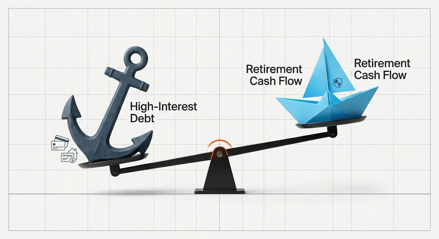 An infographic of a balance scale comparing high-interest debt against retirement cash flow.