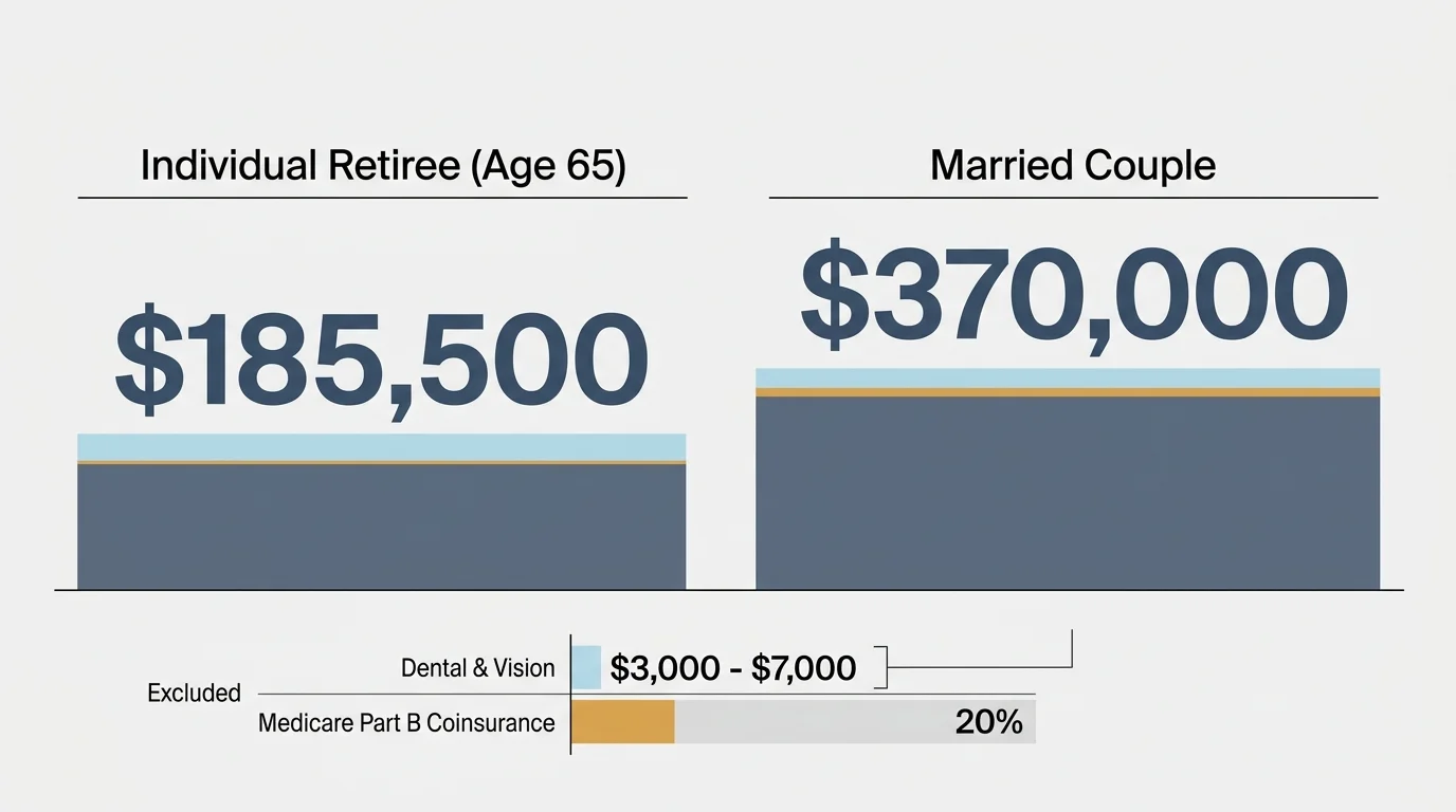 An infographic showing out-of-pocket healthcare costs of $185,500 for individuals and $370,000 for couples, alongside dental expenses.