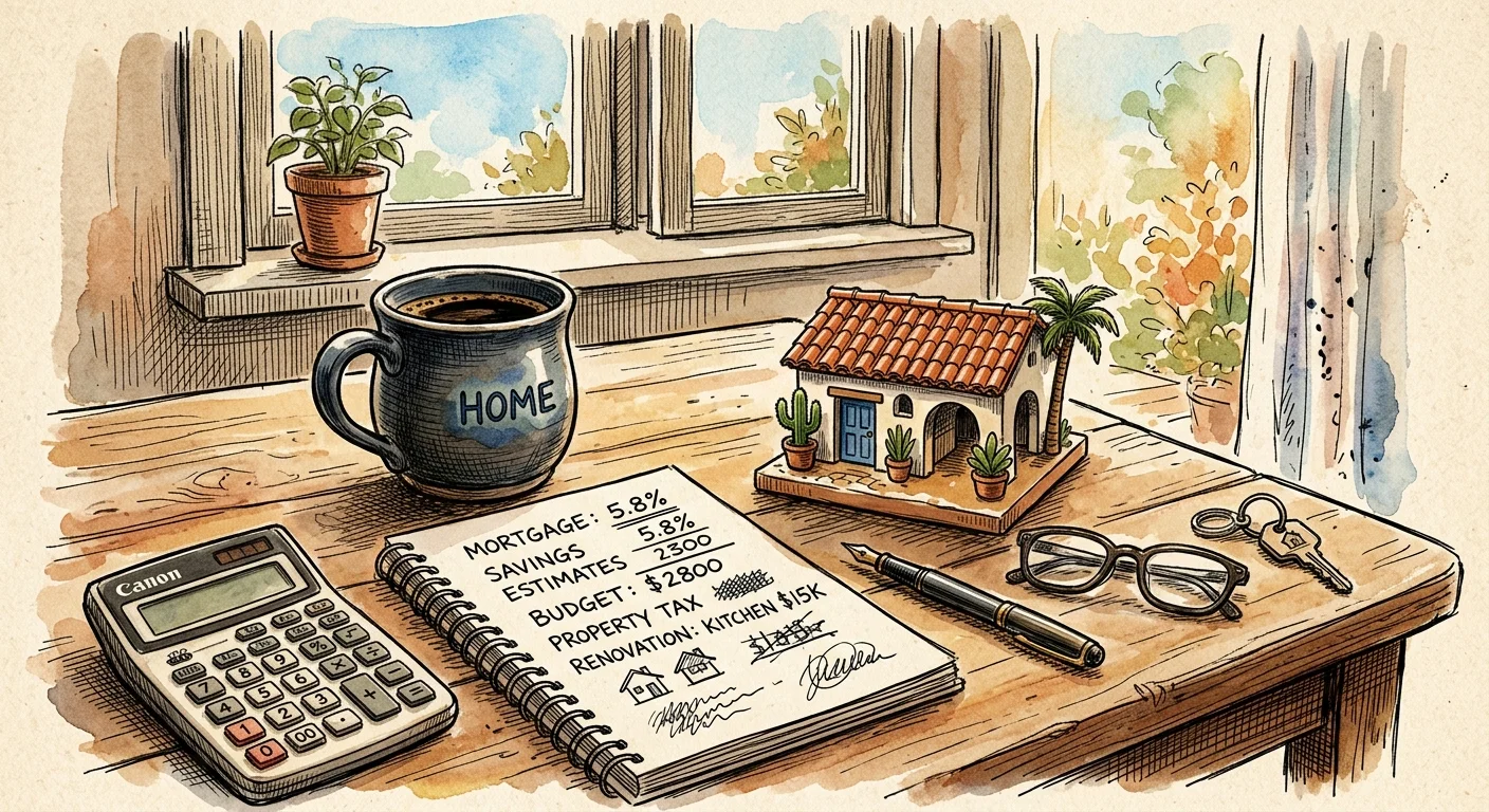 An ink and watercolor drawing of a kitchen table with a calculator, notebook, and a small model of a Mexican colonial house.