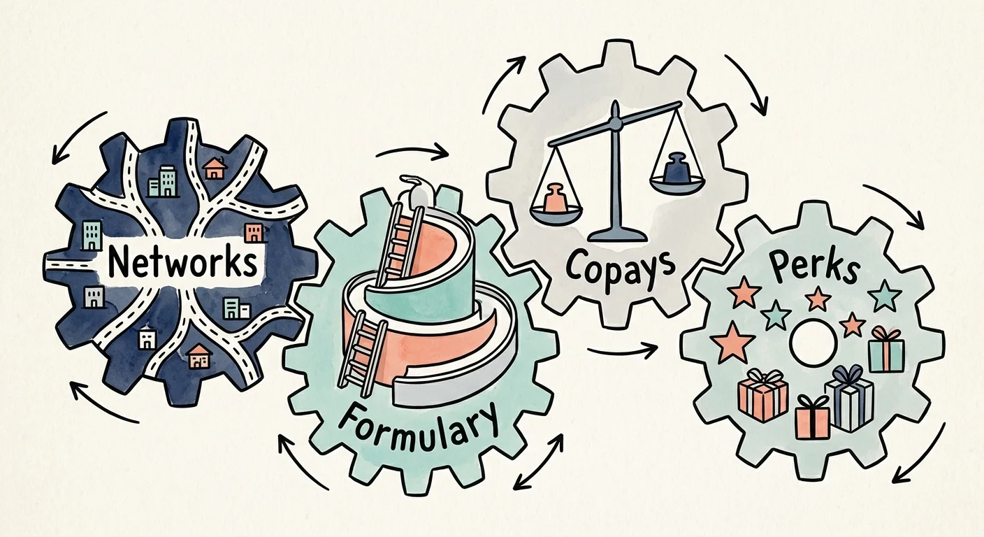 An ink and watercolor drawing of shifting puzzle-like gears labeled Networks, Formulary, Copays, and Perks.