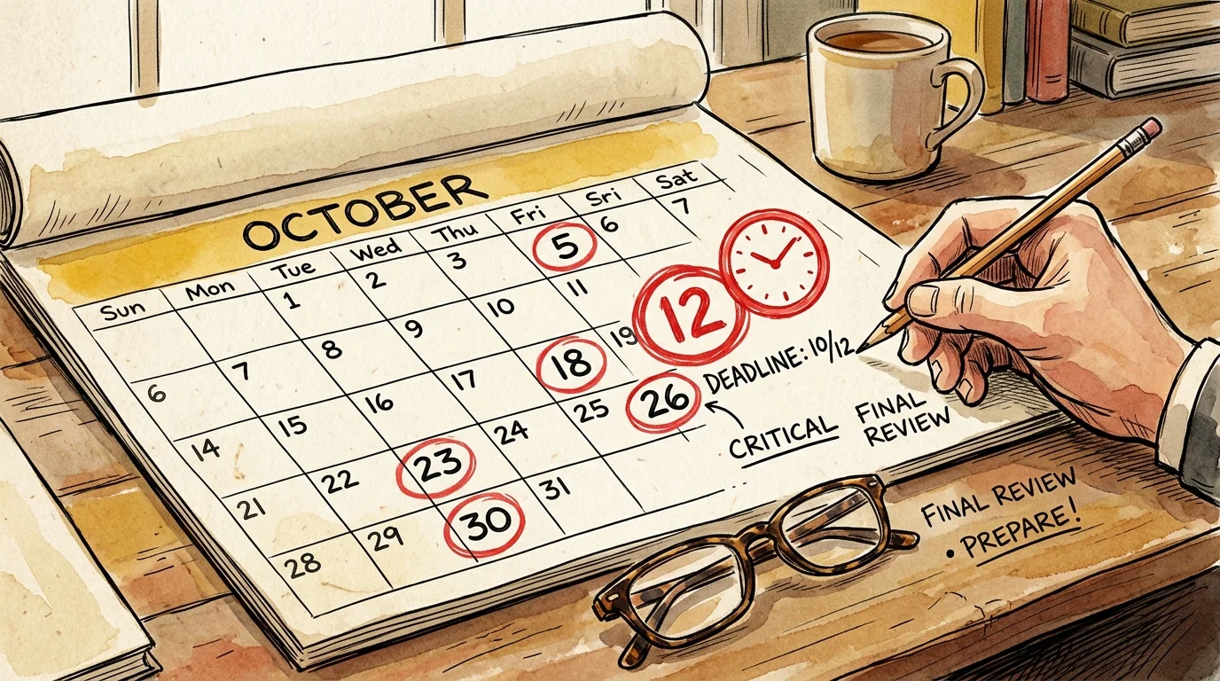 An ink and watercolor illustration of a calendar with circled dates and reading glasses, representing important deadlines.
