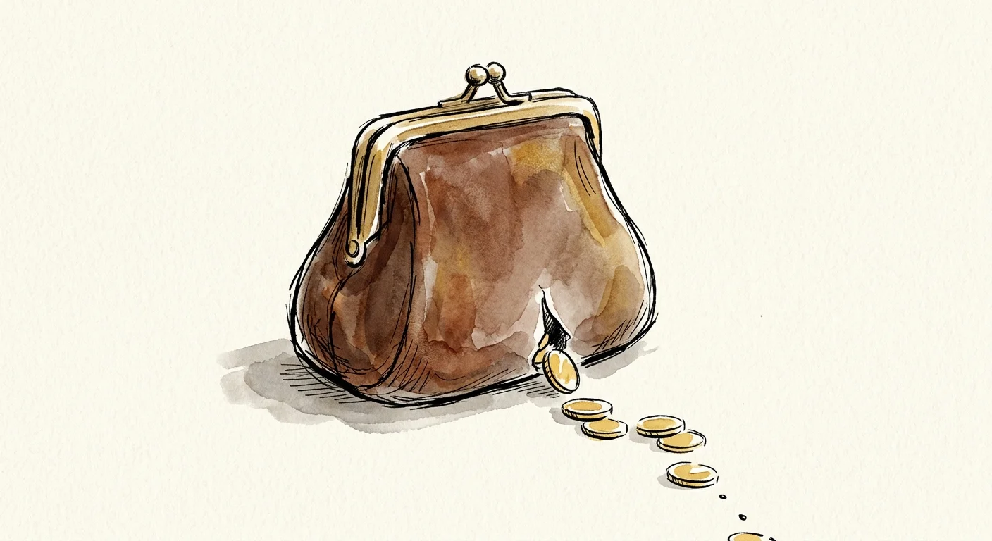 An ink and watercolor illustration of a classic leather coin purse with a small tear at the bottom, letting golden coins slip out.