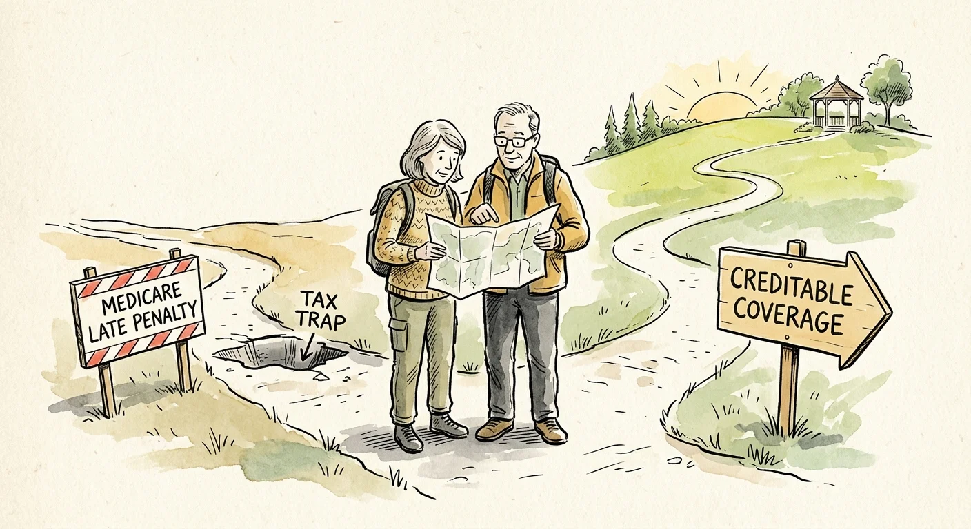 An ink and watercolor illustration of a couple on a path facing warning signs about Medicare penalties and tax traps.
