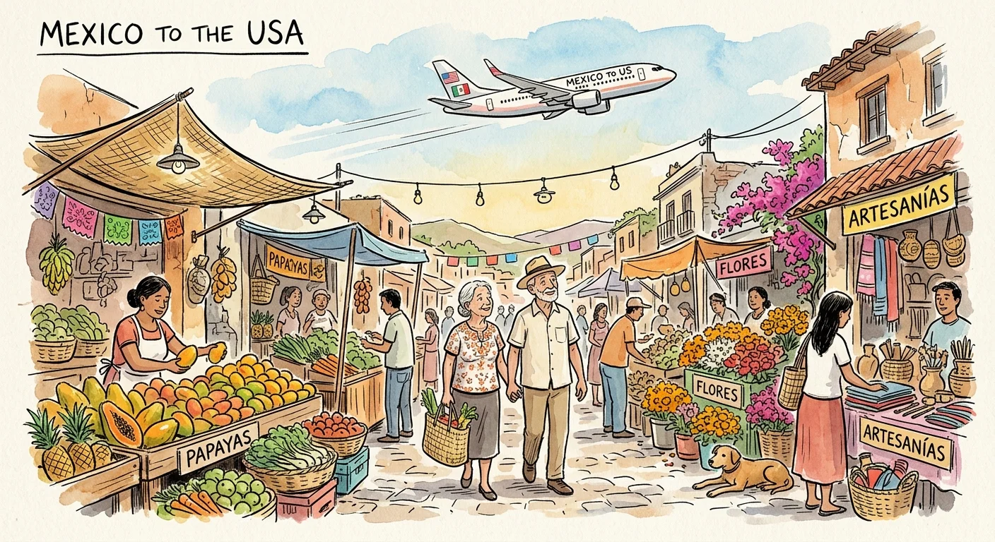 An ink and watercolor illustration of a couple walking through a vibrant Mexican market with a plane flying overhead.
