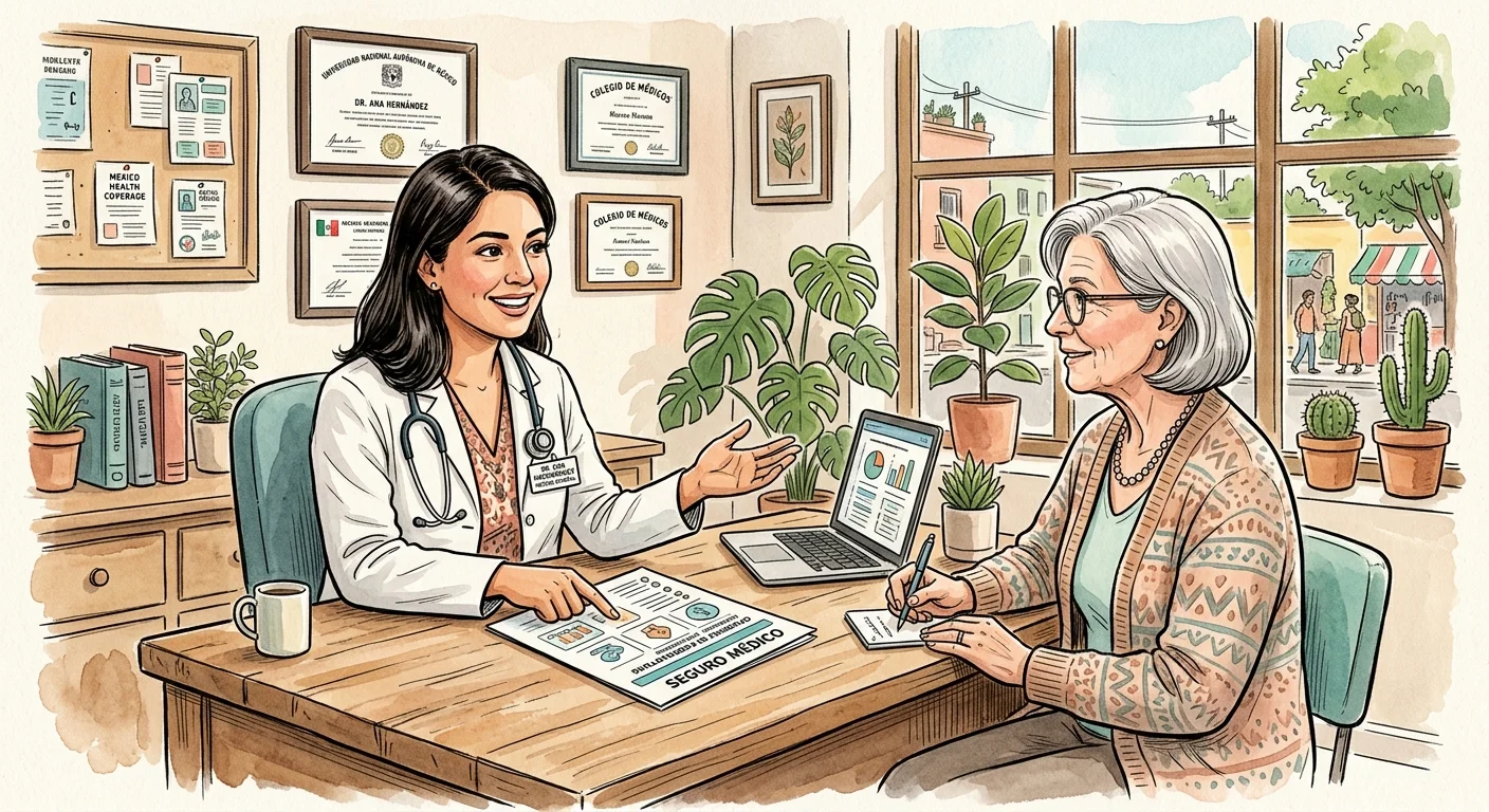 An ink and watercolor illustration of a doctor explaining medical coverage options to an elderly patient in a warm office setting.