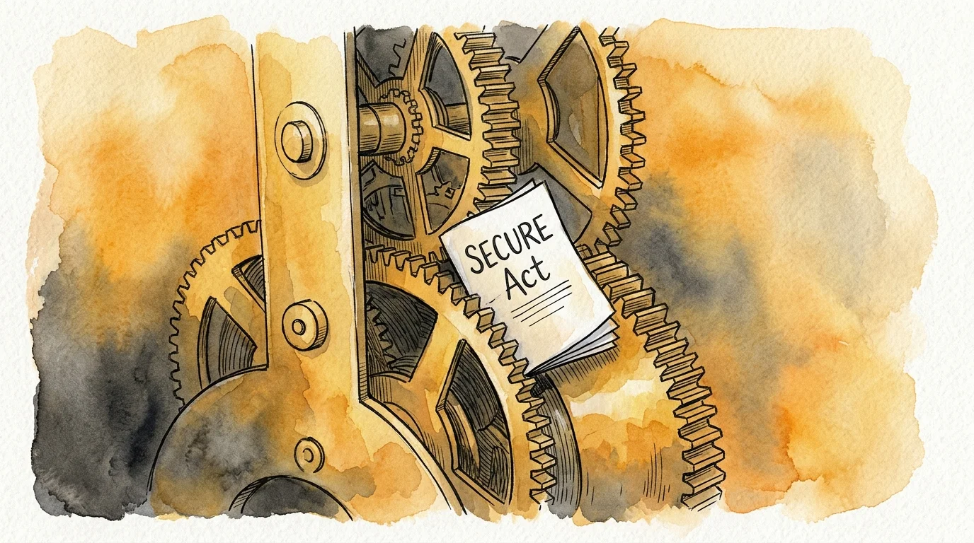 An ink and watercolor illustration of a document labeled 'SECURE Act' resting inside a vintage clock mechanism.