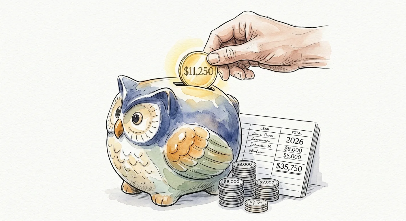 An ink and watercolor illustration of a hand placing a coin labeled $11,250 into a piggy bank, representing catch-up savings.