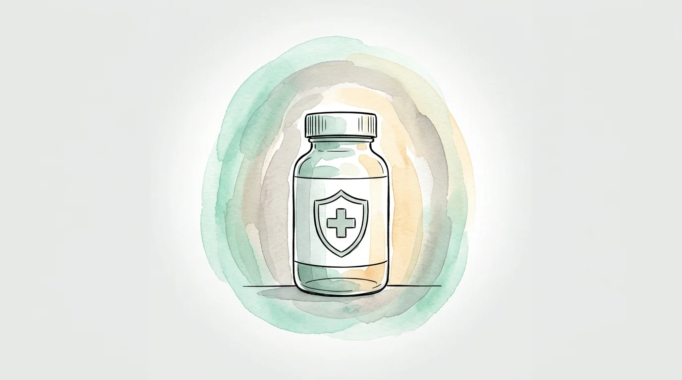 An ink and watercolor illustration of a medicine bottle with a protective shield symbol on its label.