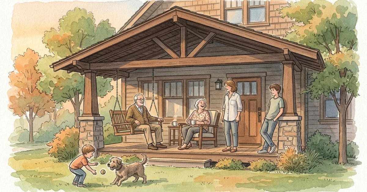 An ink and watercolor illustration of a multi-generational family gathering happily outside a cozy, sheltering craftsman home.