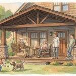 An ink and watercolor illustration of a multi-generational family gathering happily outside a cozy, sheltering craftsman home.