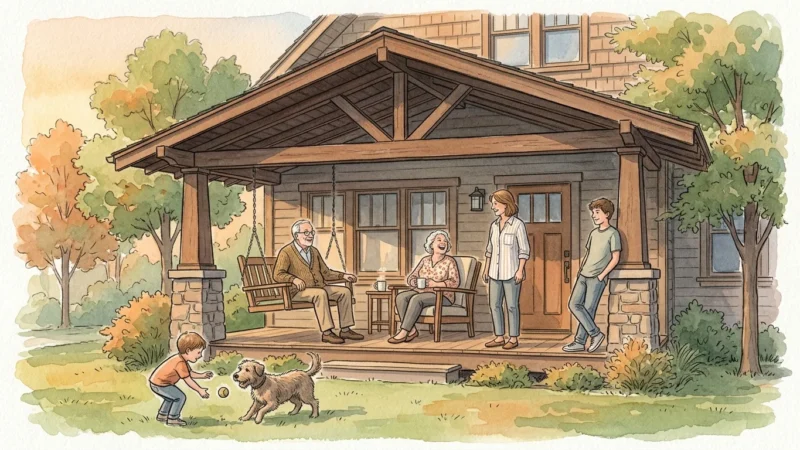 An ink and watercolor illustration of a multi-generational family gathering happily outside a cozy, sheltering craftsman home.
