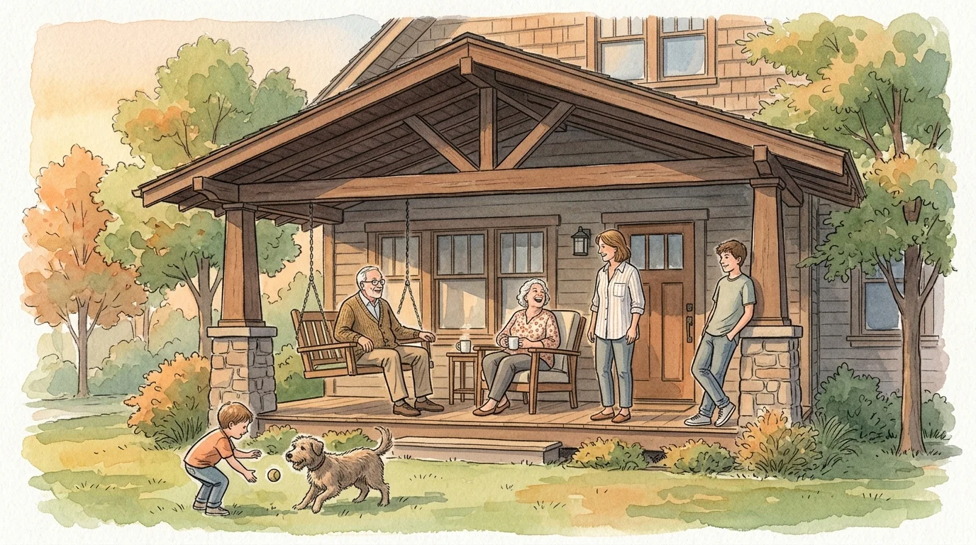 An ink and watercolor illustration of a multi-generational family gathering happily outside a cozy, sheltering craftsman home.