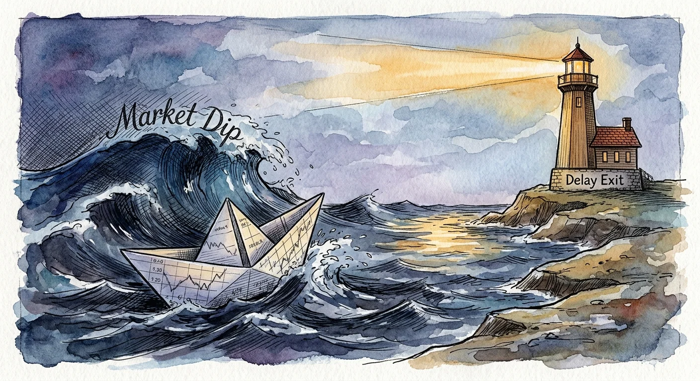 An ink and watercolor illustration of a paper boat on wavy seas navigating toward a lighthouse labeled Delay Exit.