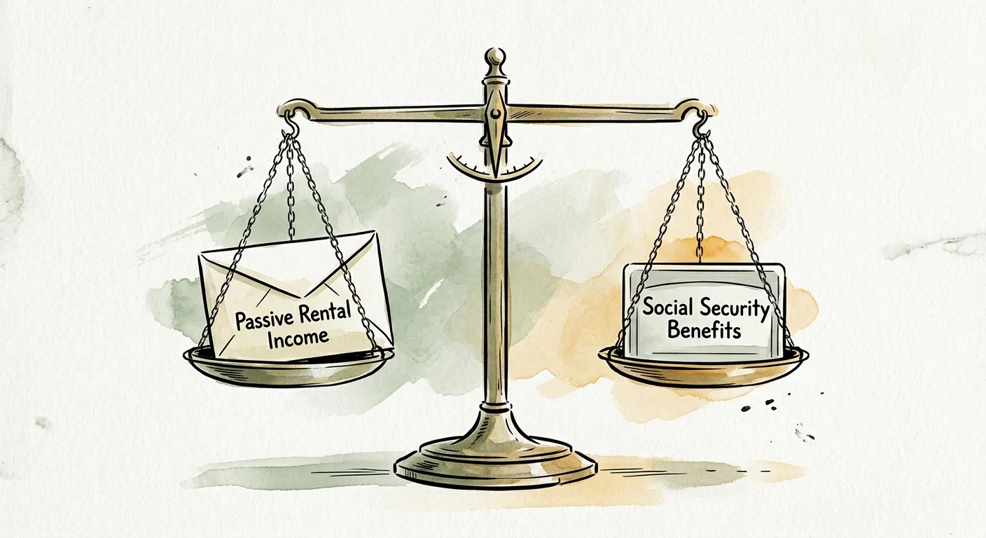 An ink and watercolor illustration of a perfectly balanced scale showing passive rental income and Social Security benefits.