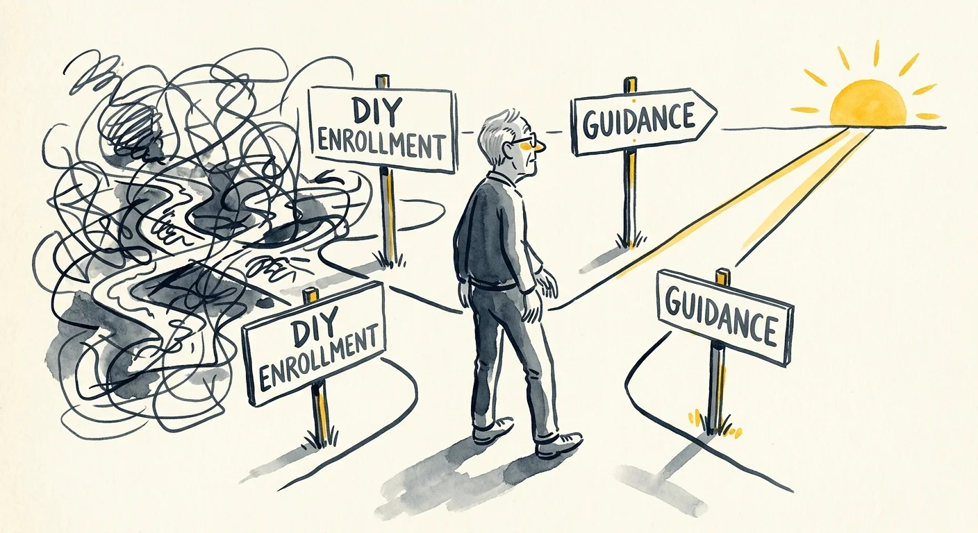 An ink and watercolor illustration of a retiree choosing between a chaotic DIY path and a clear guided path.