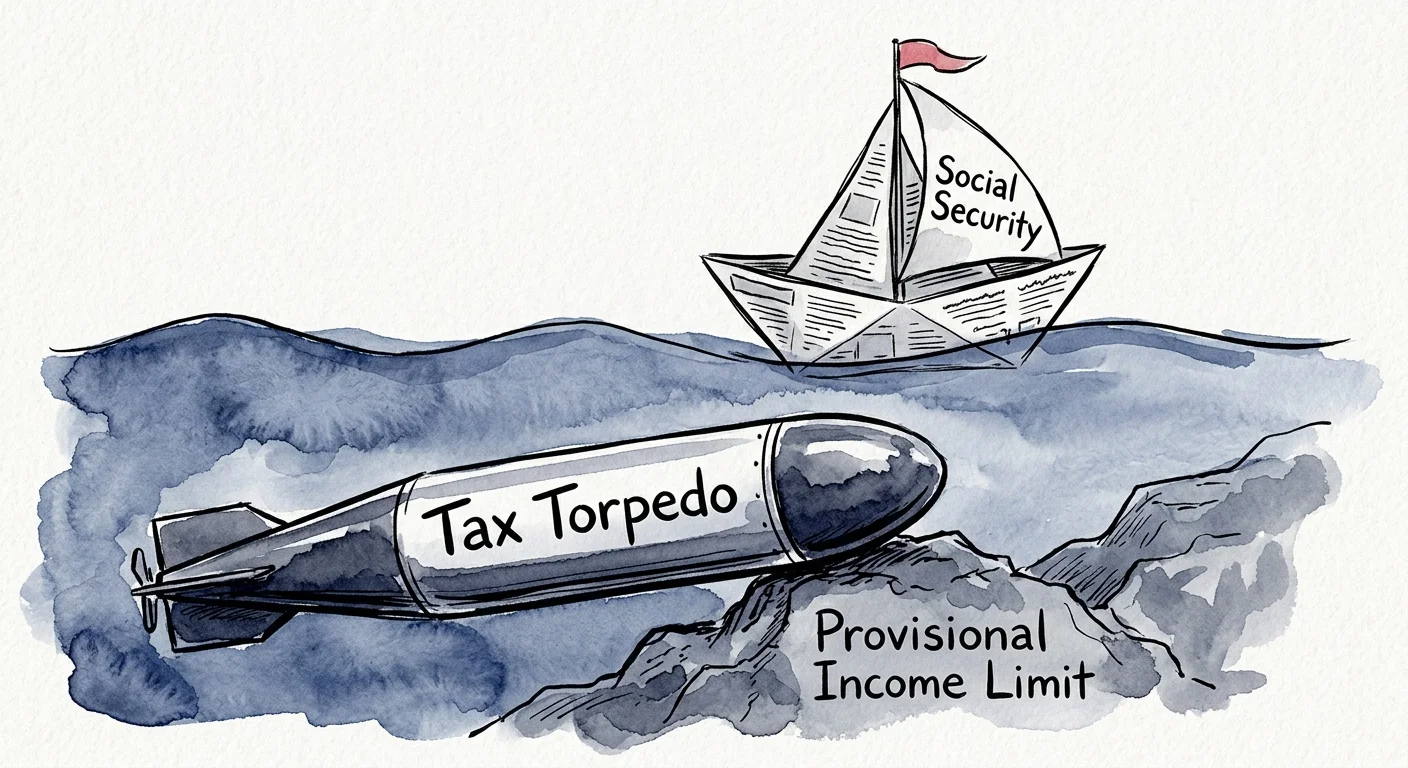 An ink and watercolor illustration of a sailboat named 'Social Security' sailing over a submerged torpedo labeled 'Tax Torpedo'.