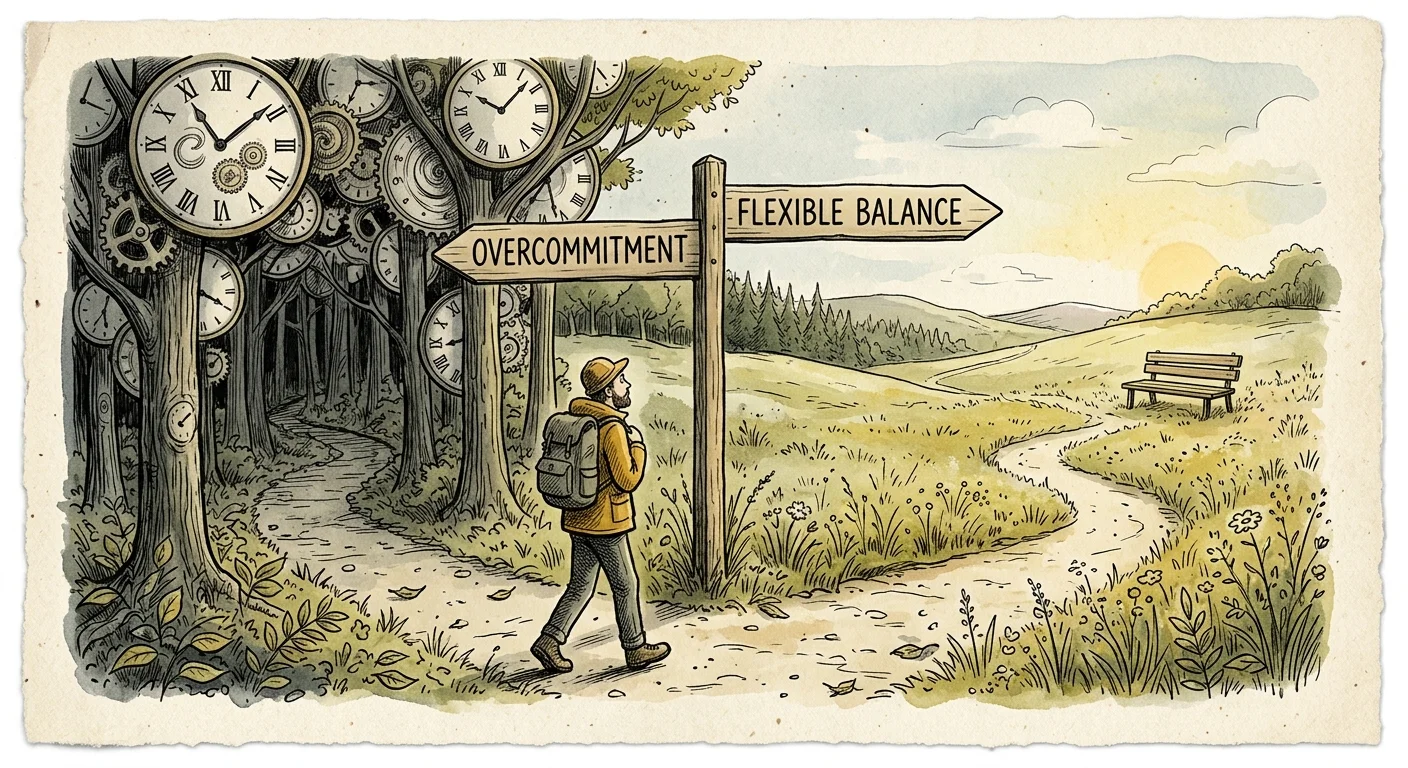An ink and watercolor illustration of a trail fork with signs pointing to 'Overcommitment' in a dark forest and 'Flexible Balance' in a sunn