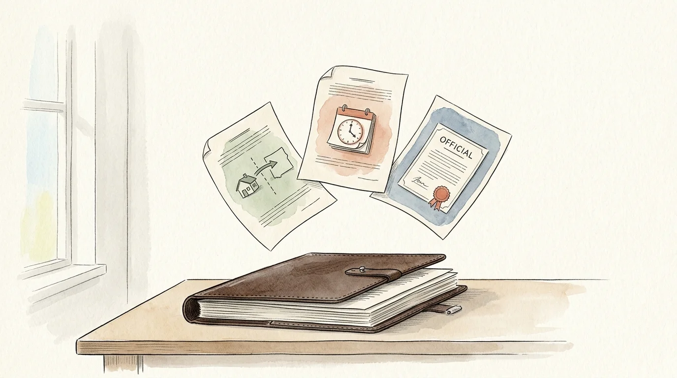 An ink and watercolor illustration of an open document folder with stylized papers showing key planning icons.