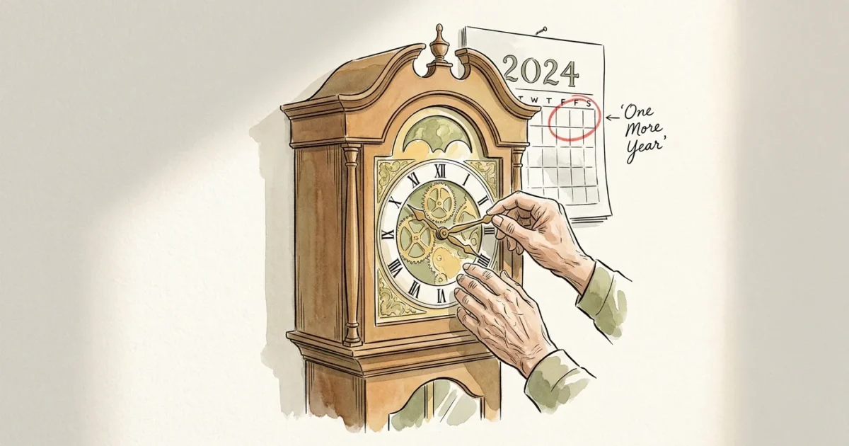 An ink and watercolor illustration of hands turning a clock back, symbolizing the decision to delay retirement.