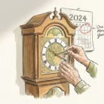 An ink and watercolor illustration of hands turning a clock back, symbolizing the decision to delay retirement.