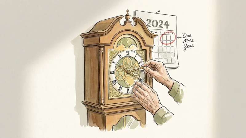 An ink and watercolor illustration of hands turning a clock back, symbolizing the decision to delay retirement.