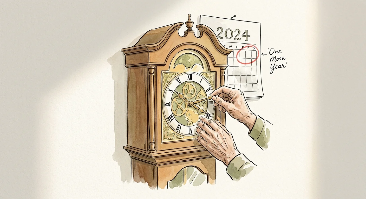 An ink and watercolor illustration of hands turning a clock back, symbolizing the decision to delay retirement.