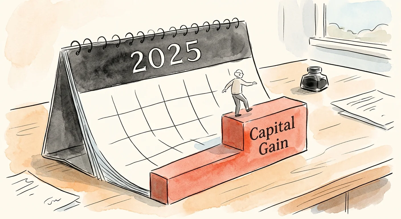 An ink and watercolor illustration showing a person navigating an unexpected capital gains step on a 2025 calendar.