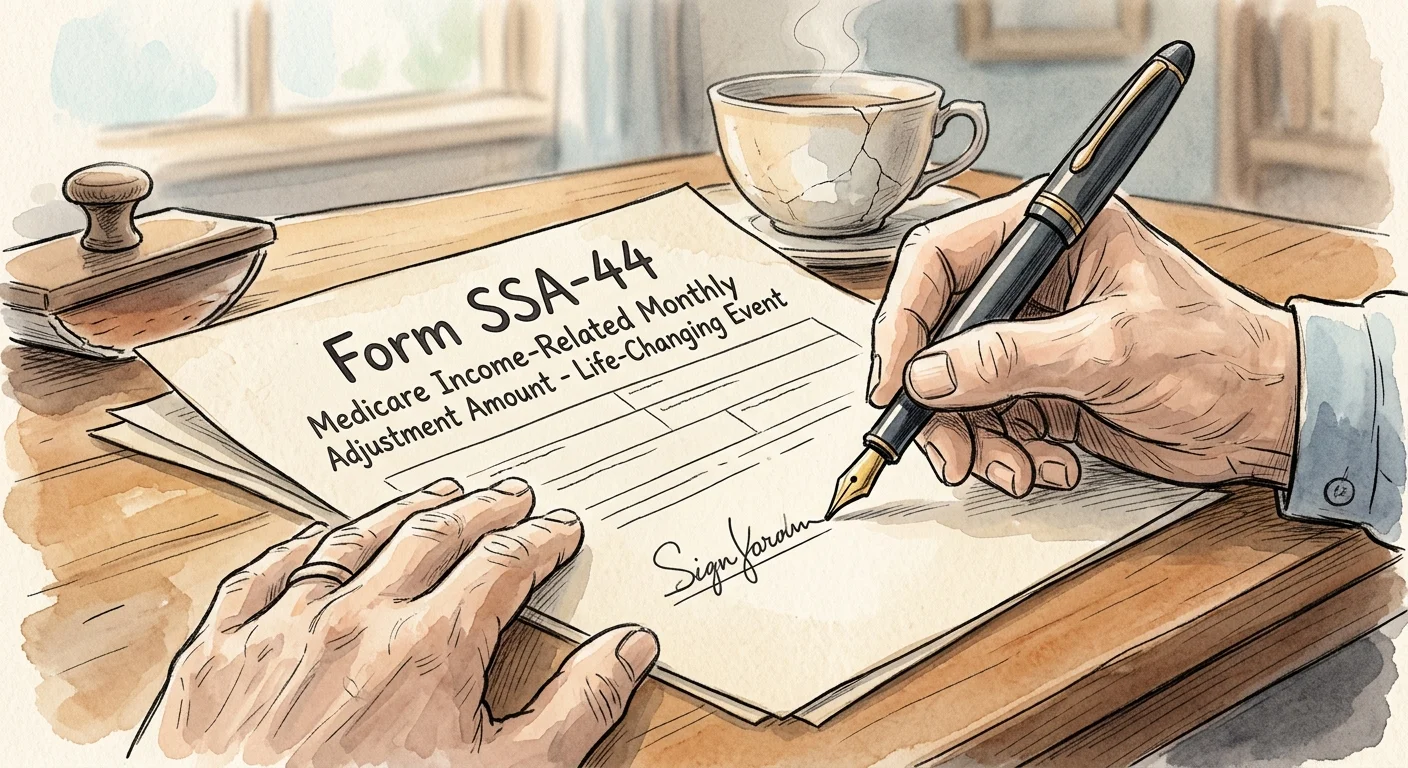 An ink and watercolor illustration showing hands signing Form SSA-44 to appeal a Medicare surcharge.