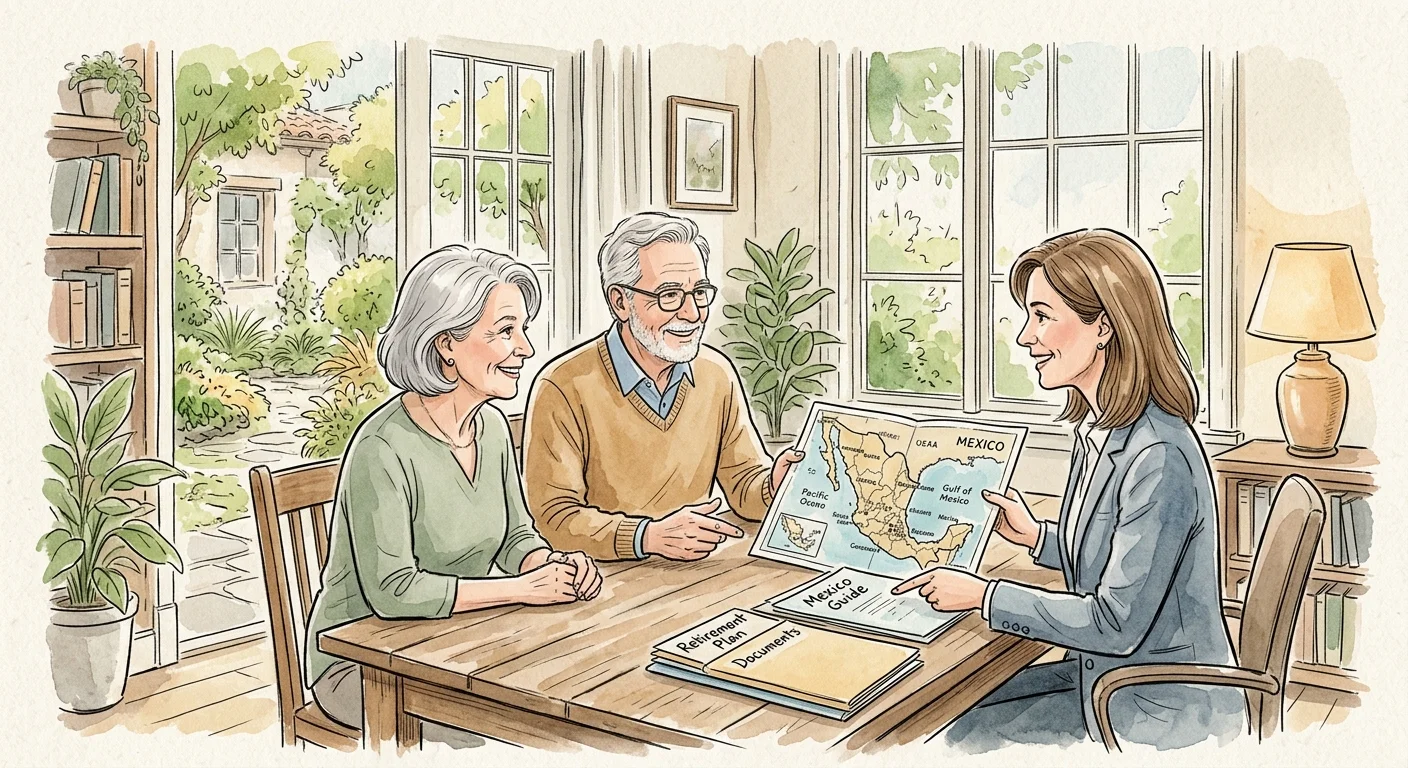 An ink and watercolor sketch of an older couple consulting with a friendly professional over maps and folders in a bright office.