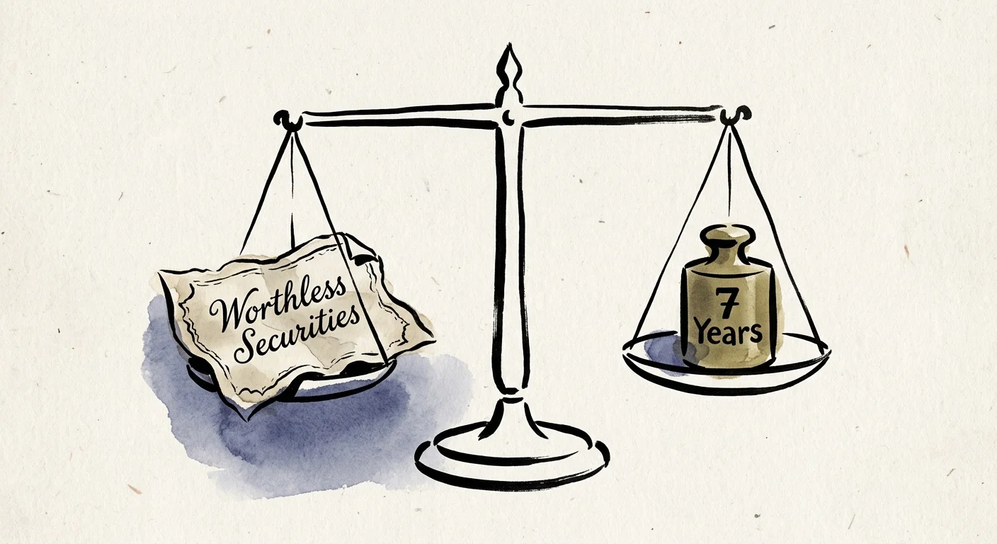 An ink sketch of a balance scale weighing a worthless security against a 7-year timeline weight.