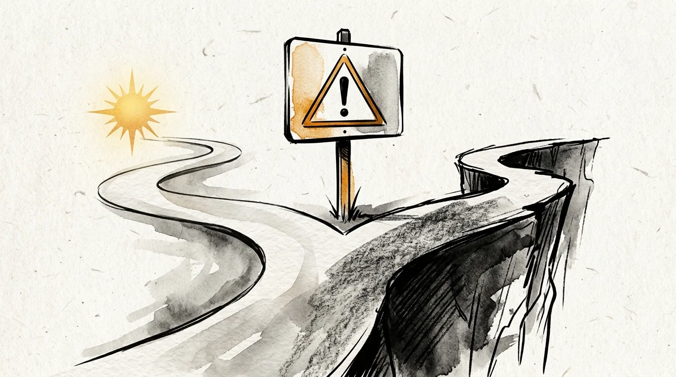 An ink-wash illustration of a split path, with one direction leading safely and the other heading over a cliff marked with a warning sign.