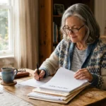 An older adult organizing Medicare documents at a sunlit kitchen table, featuring a warm, calm, domestic setting.