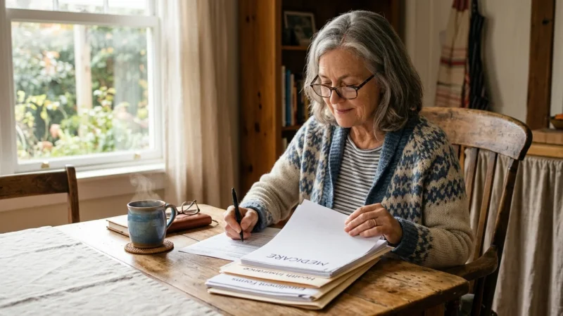 An older adult organizing Medicare documents at a sunlit kitchen table, featuring a warm, calm, domestic setting.