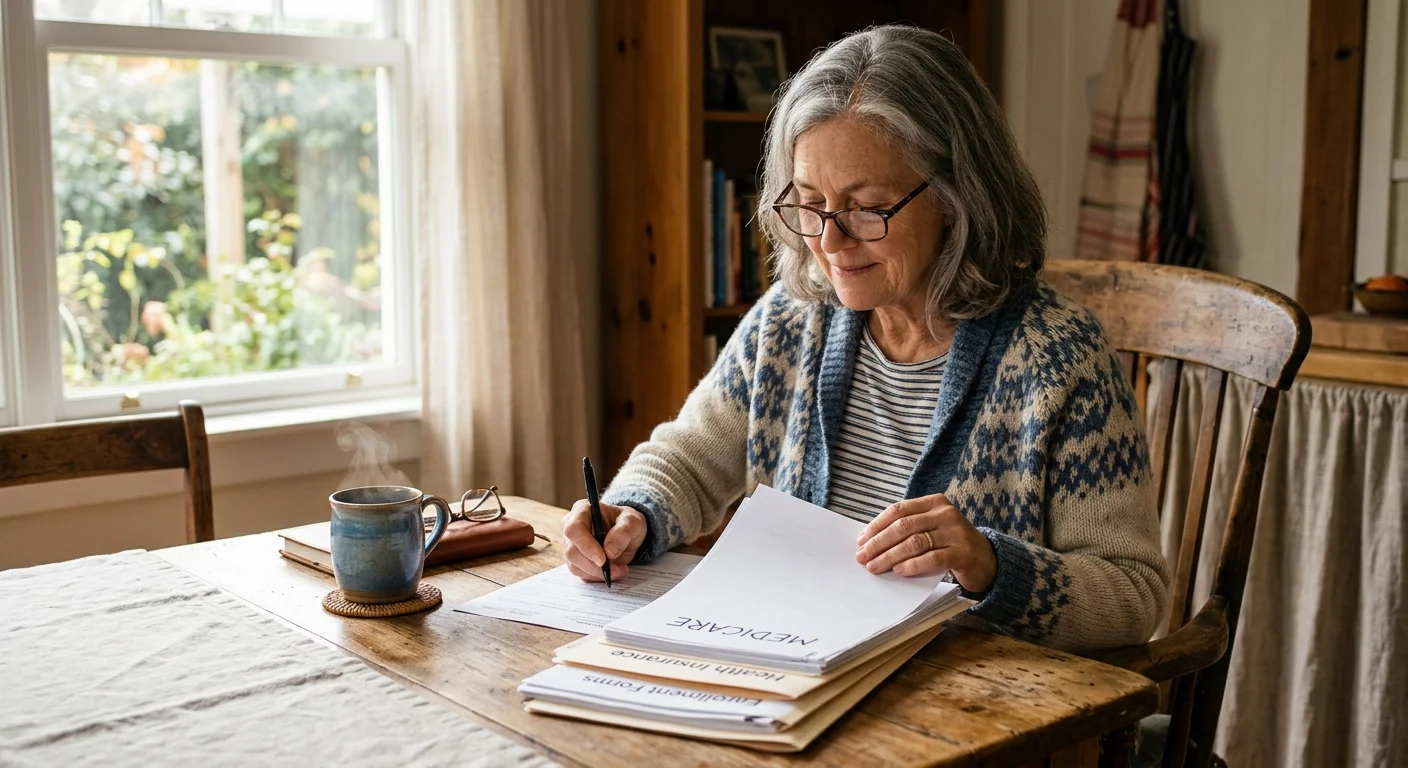 An older adult organizing Medicare documents at a sunlit kitchen table, featuring a warm, calm, domestic setting.