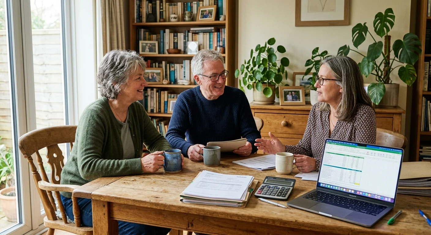 An older couple consulting with a tax professional in a warm, inviting home setting.