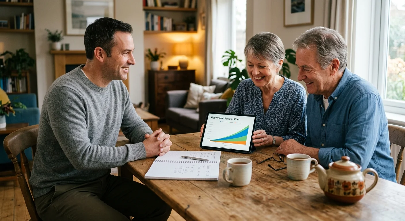 An older couple consults with a financial advisor at their kitchen table, looking at a retirement plan on a tablet.